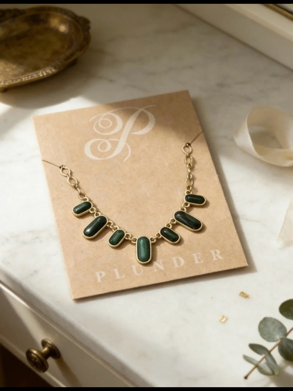 Gold Chain Necklace with Dark Green Stone Charms